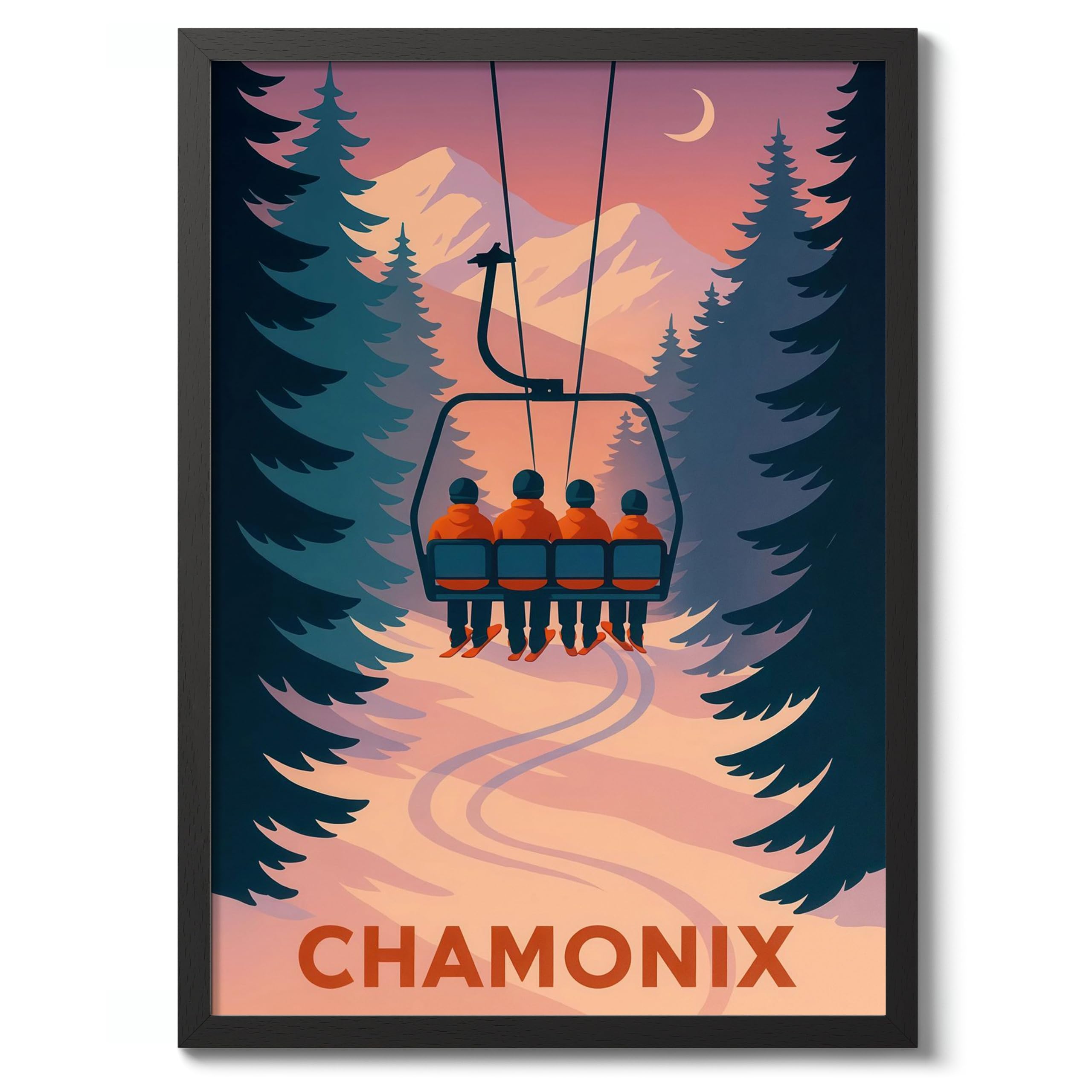 Chamonix Vintage Skiing Poster, Minimalist Wall Art, Mountain Travel Prints, Snow, Ski Trip Home Decor, 50x70cm (Black Frame) - 53x73cm