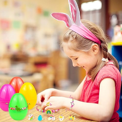 Miniatura 5 de Relleno de cesta de Pascua para niñas y niños, huevos de Pascua rellenos de 6 huevos con pulsera colorida y anillo en el interior, huevos de Pascua