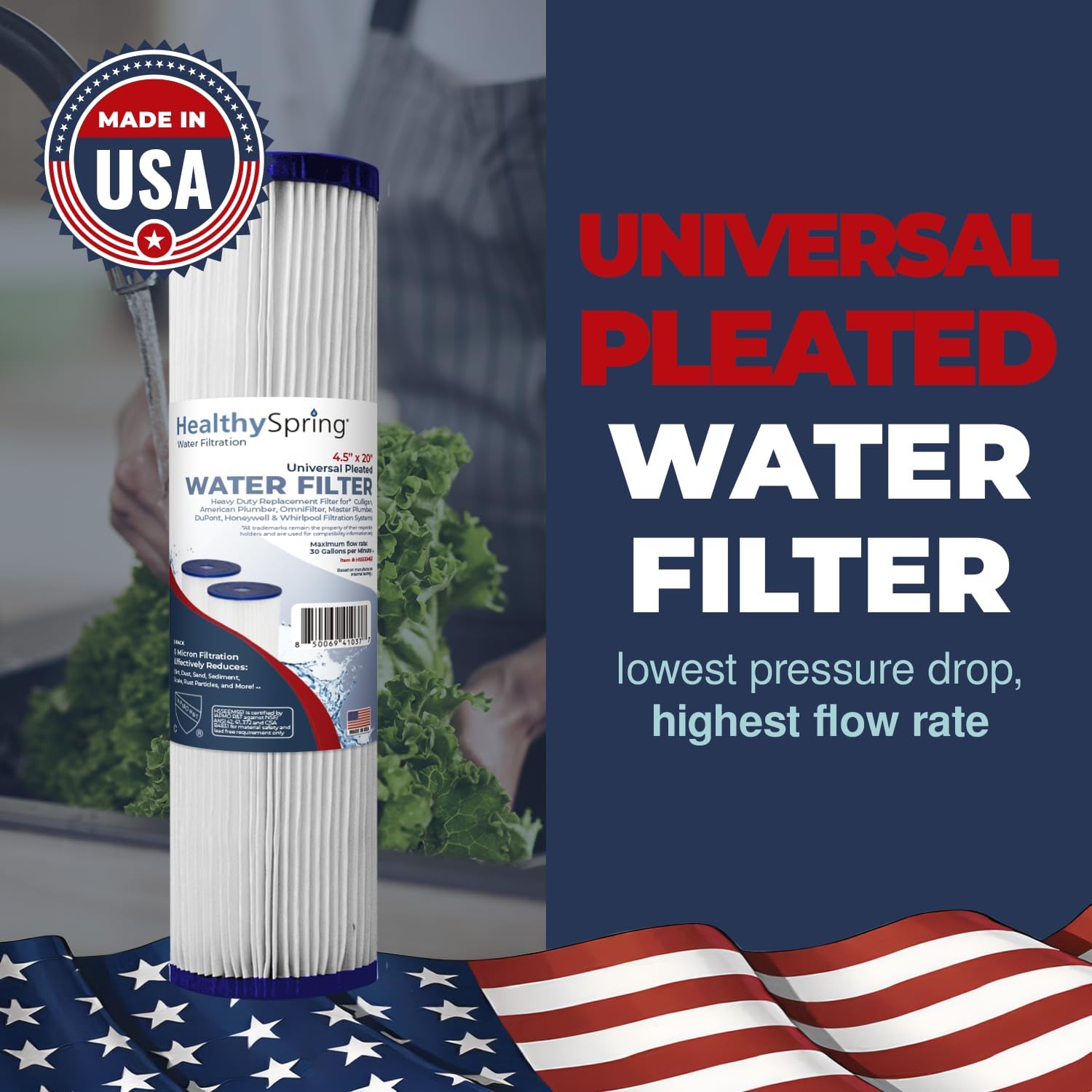 High Performance, 20 Inch Whole House Pleated Water Sediment Filter Replacement 5 Micron Water Filter Cartridge Compatible with ECP5-20BB, SPC-45-2005, Made in USA, 4-Pack