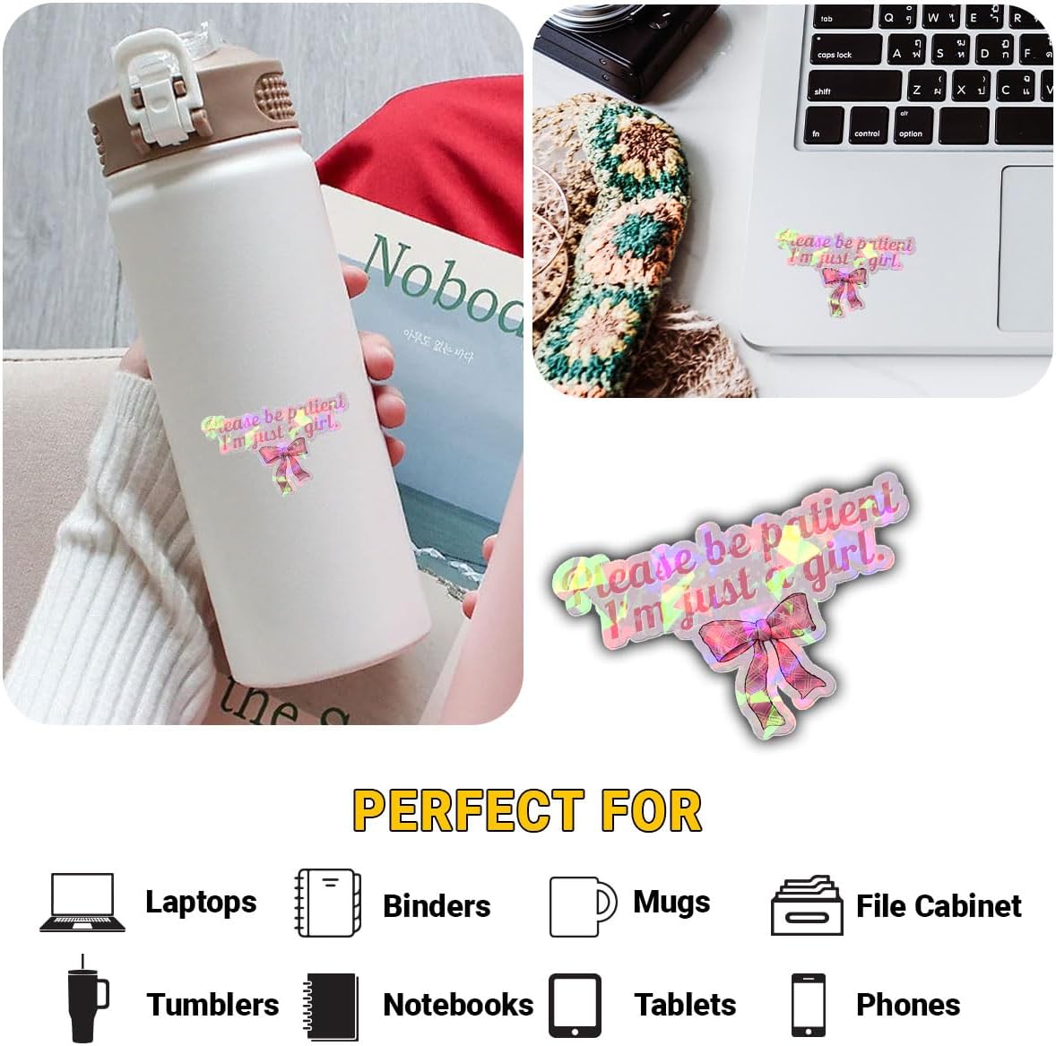 3 Pcs Please Be Patient I'm Just A Girl Sticker, Funny Meme Quote Coquette Pink Bow Stickers Gift Decorations for Helmet Water Bottle Laptop Tumbler Phone Case Cars 3"x3" (Hologram)