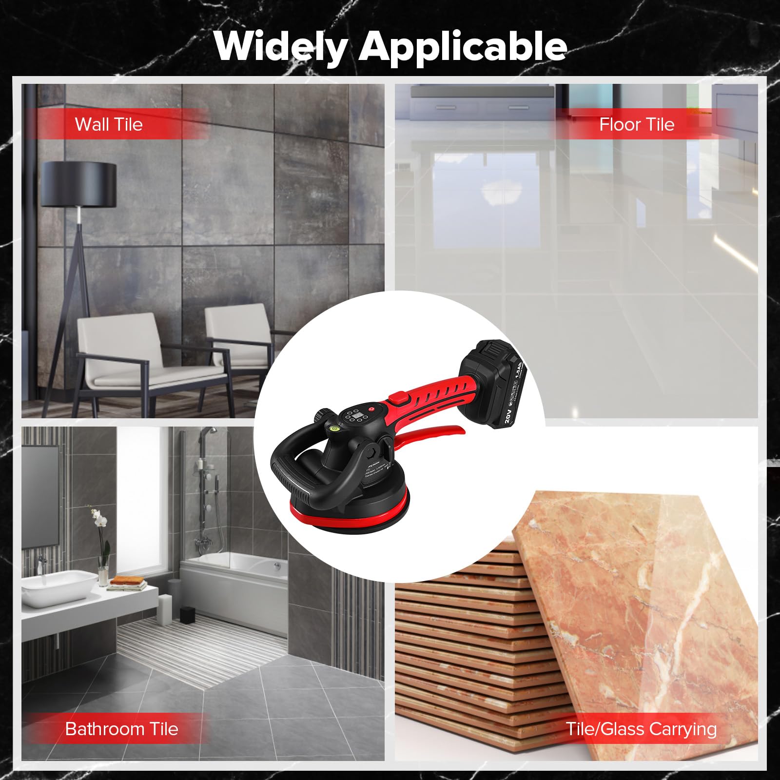 Maquina Vibratoria para Azulejos, Ventosas para Azulejos - Ventosa de 153×153mm - 6 Velocidades Ajustables - Alicatador para Azulejos de 0.3-1.2m con Batteries ×2