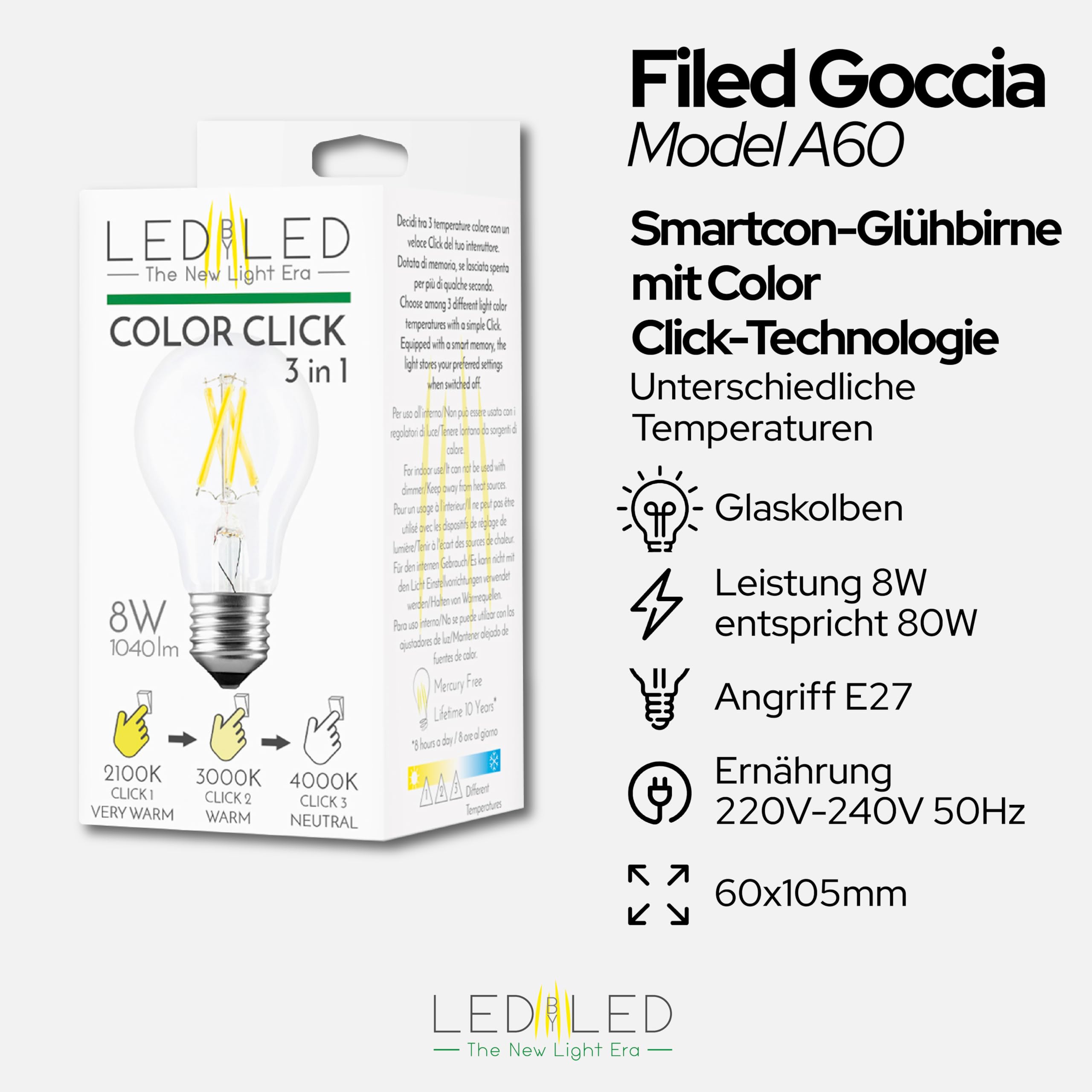 Smart Goccia Color Click Glühbirne 8W, E27, transparentes Glas, variable Farbe 2100-4000-6000K, gerader LED-Glühfaden, 960 Lumen, 10er-Pack