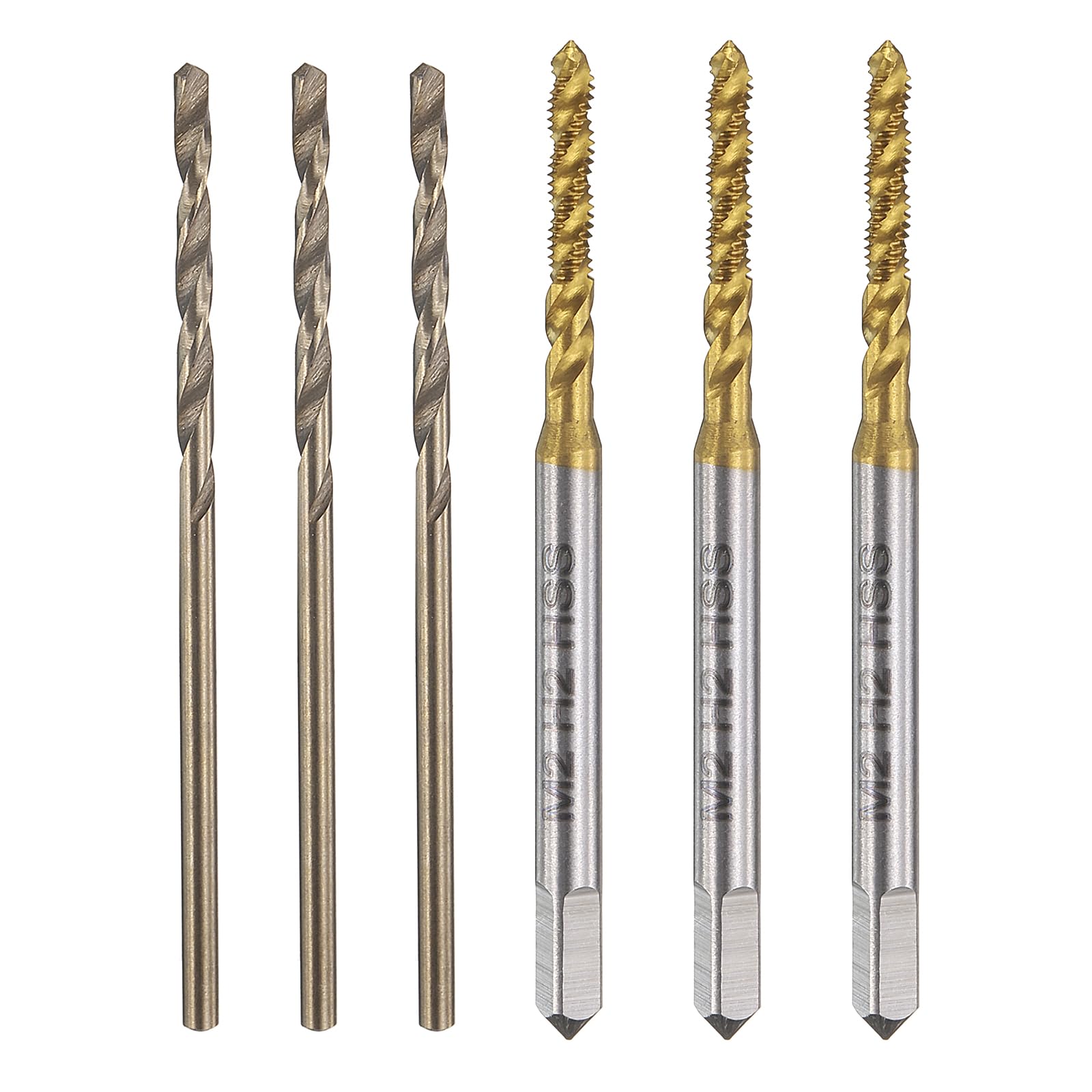 Juego de machos y brocas, 3 machos de roscar espirales métricos M2 x 0,4 y 3 brocas helicoidales de 1,6 mm, recubiertos de titanio/amarillo tostado HSS-6542/M35 HSS-CO, herramienta de roscado.