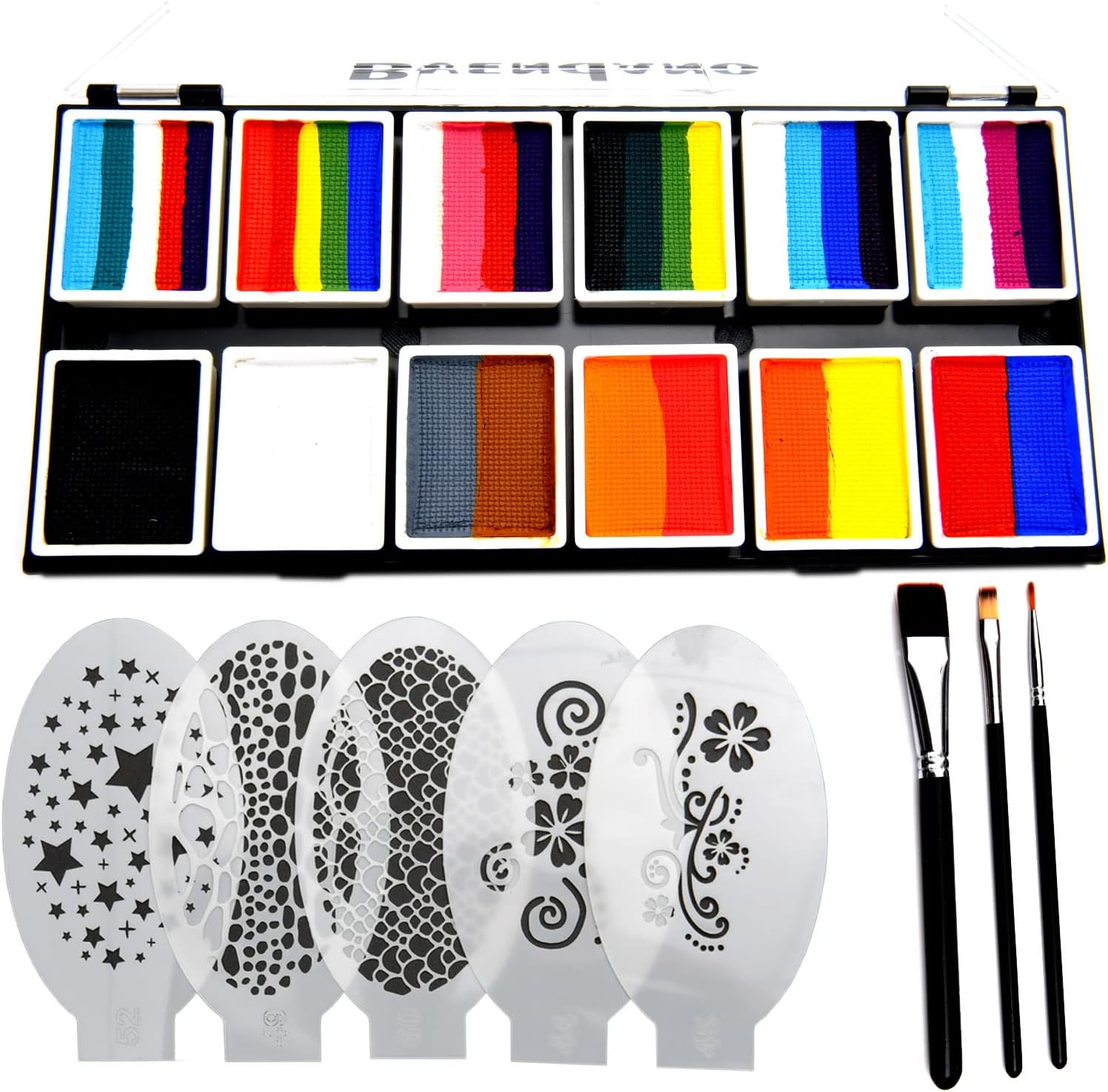 Professional Face Paint Makeup Split Cake Palette 12 × 10gm Water Actived, Non-Toxic One Stroke Rainbow Body & Face Painting Kit with 5 Stencils, 3 Brushes for Adults