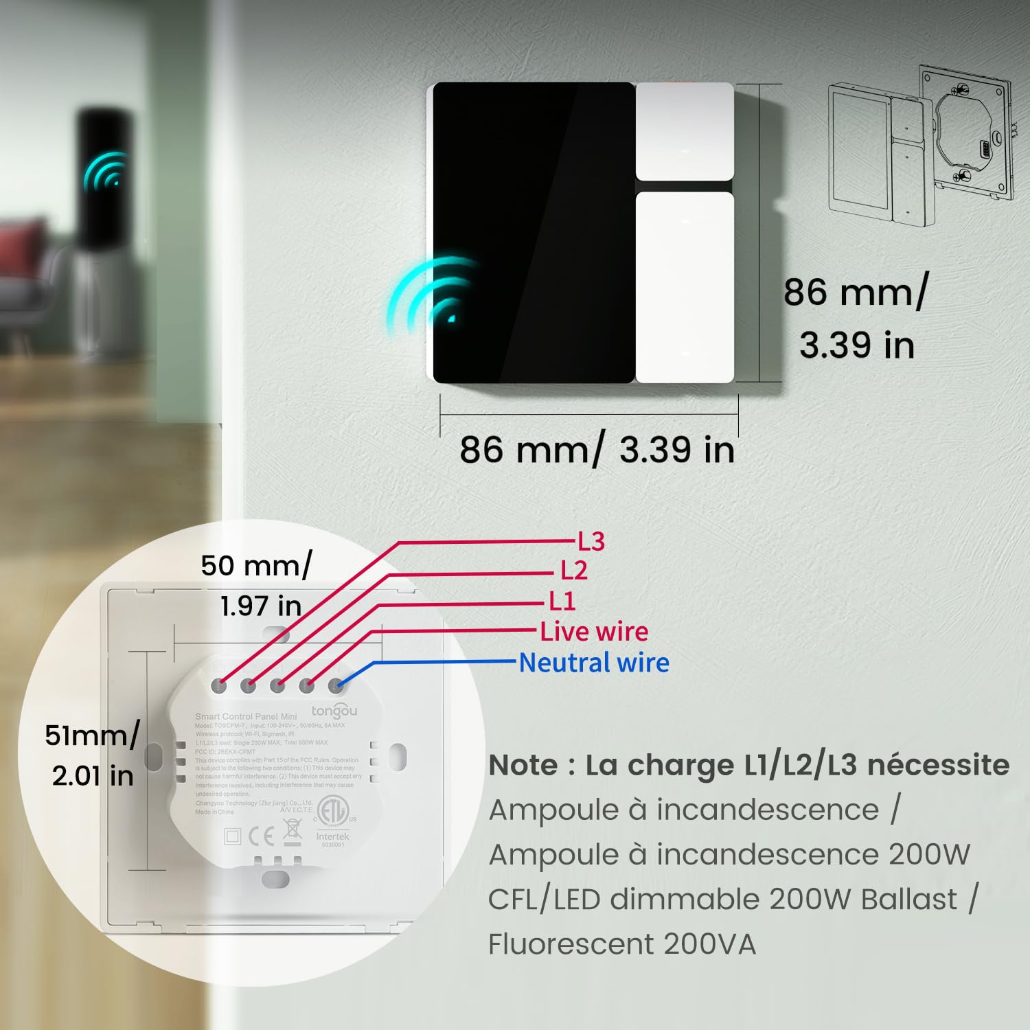 TONGOU Panneau de contrôle Smart Life pour commutateur WLAN 3,5", compatible avec Alexa
