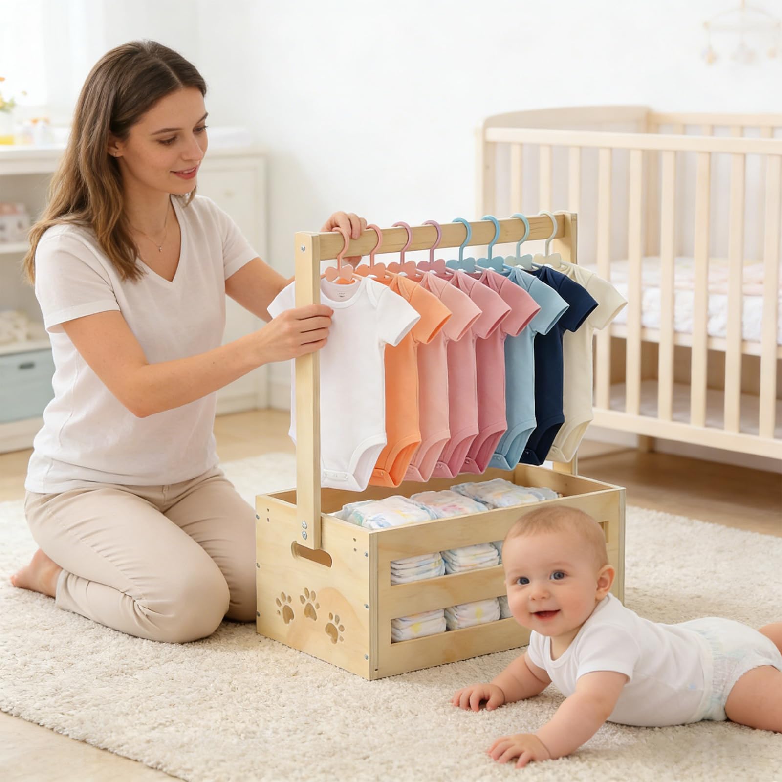 Cadeau de fête prénatale avec poignée, panier de rangement pour bébé avec 8 cintres, panier cadeau en bois, panier cadeau pour nouveau-né, pour les femmes enceintes, les nouveaux parents, idéal pour
