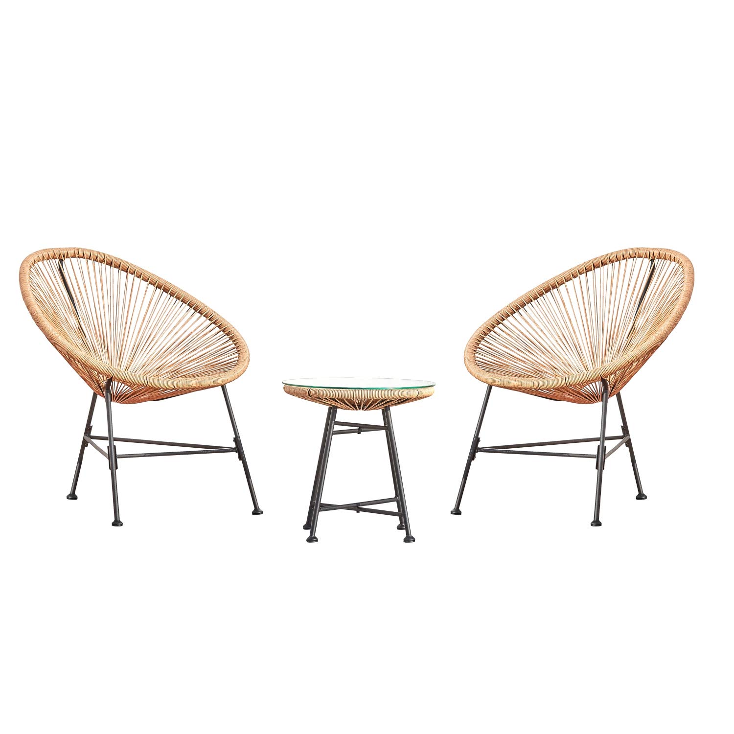 CONCEPT USINE Ensemble Bistrot Acapulco 2 Fauteuils Oeuf Beige | Cordage polyéthylène résistant, table basse plateau verre, style bohème