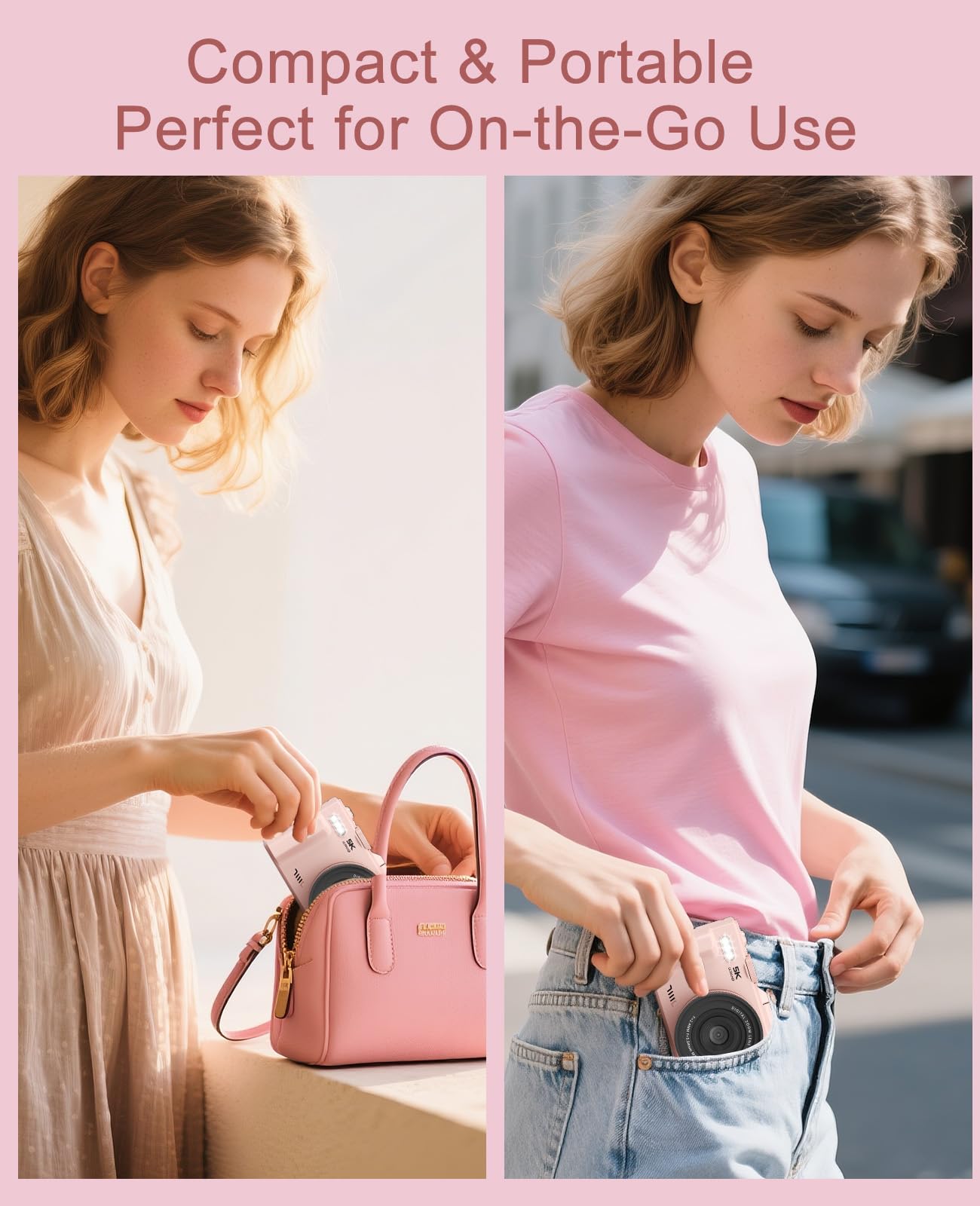 FLATIC Digital Camera, 5K 75MP Cameras for Photography with WiFi & 64GB TF Card, Autofoucs Vlogging Camera for YouTube with 180° Flip Screen, Compact Vlog Travel Camera Kit for Beginner, Teens, Pink