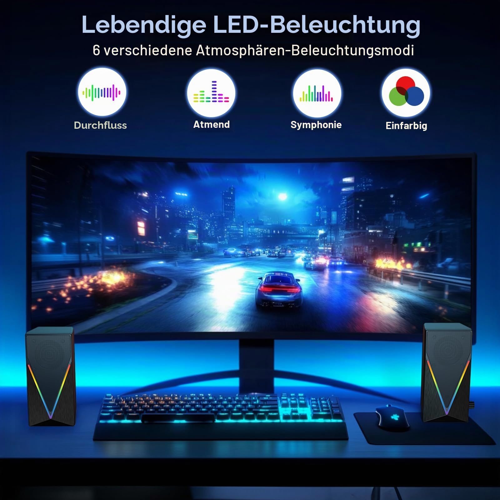 Lautsprecher Desktop-PC-Lautsprecher mit 6 bunten RGB-Lichtern, Kopfhöreranschluss und verbesserter Bass, USB-betrieben