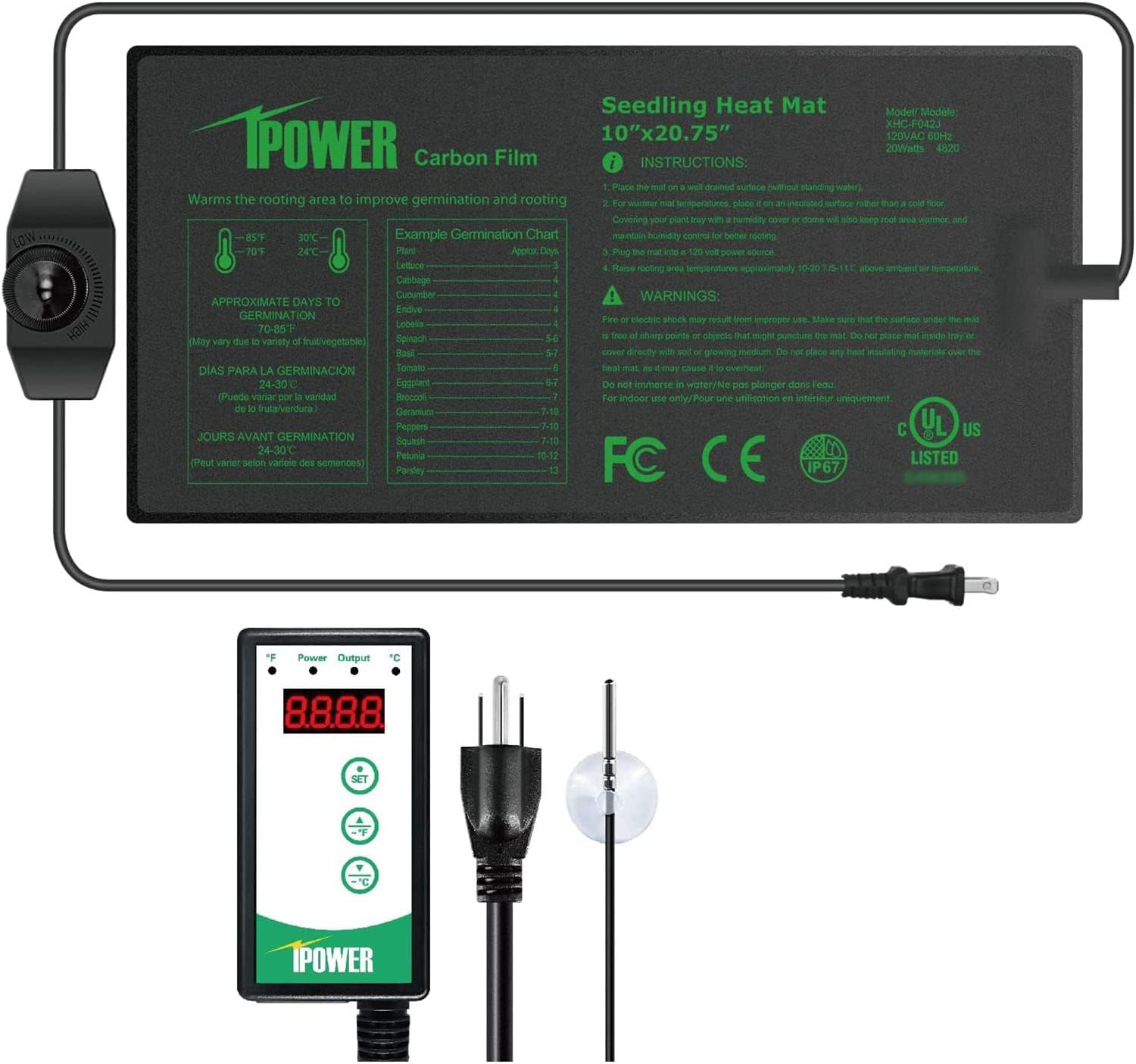 iPower Digital Heat Mat Controller and 10" x 20.75" Carbon
