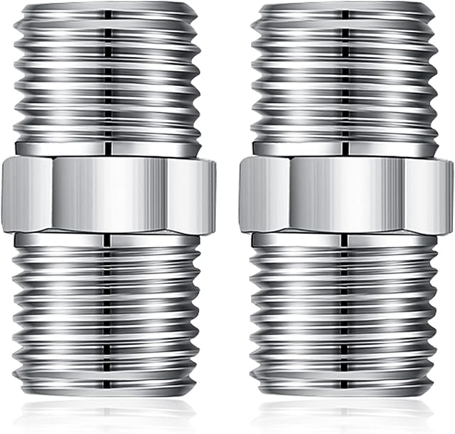 Shower Hose Connector, 1/2 Inch Hose Extension Stainless Steel Male to Male Hoses Connector Threaded Pipe Connection  2Packs