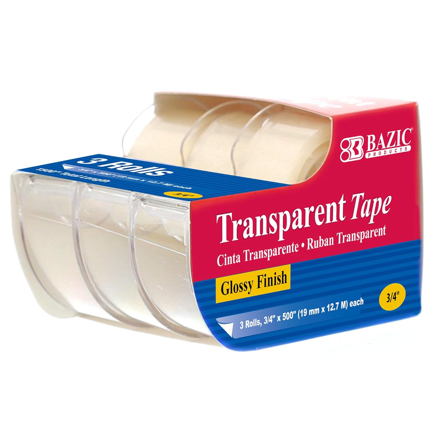 BAZIC PRODUCTS Clear Tape with Dispenser 3/4" X 500" – for Home, Office, and School Use; Transparent Tape with Glossy Finish, Ideal for Crafts, & Gift Wrapping, 3/Pack, 24-Packs