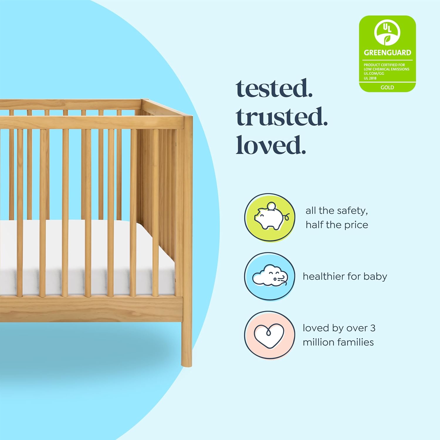 Davinci Birdie 3-in-1 Convertible Baby Crib - GREENGUARD Gold Certified Crib - Convertible Crib to Toddler Bed and Daybed - Baby Bed w/ 4 Adjustable Heights - Easy to Assemble Wooden Crib - Honey
