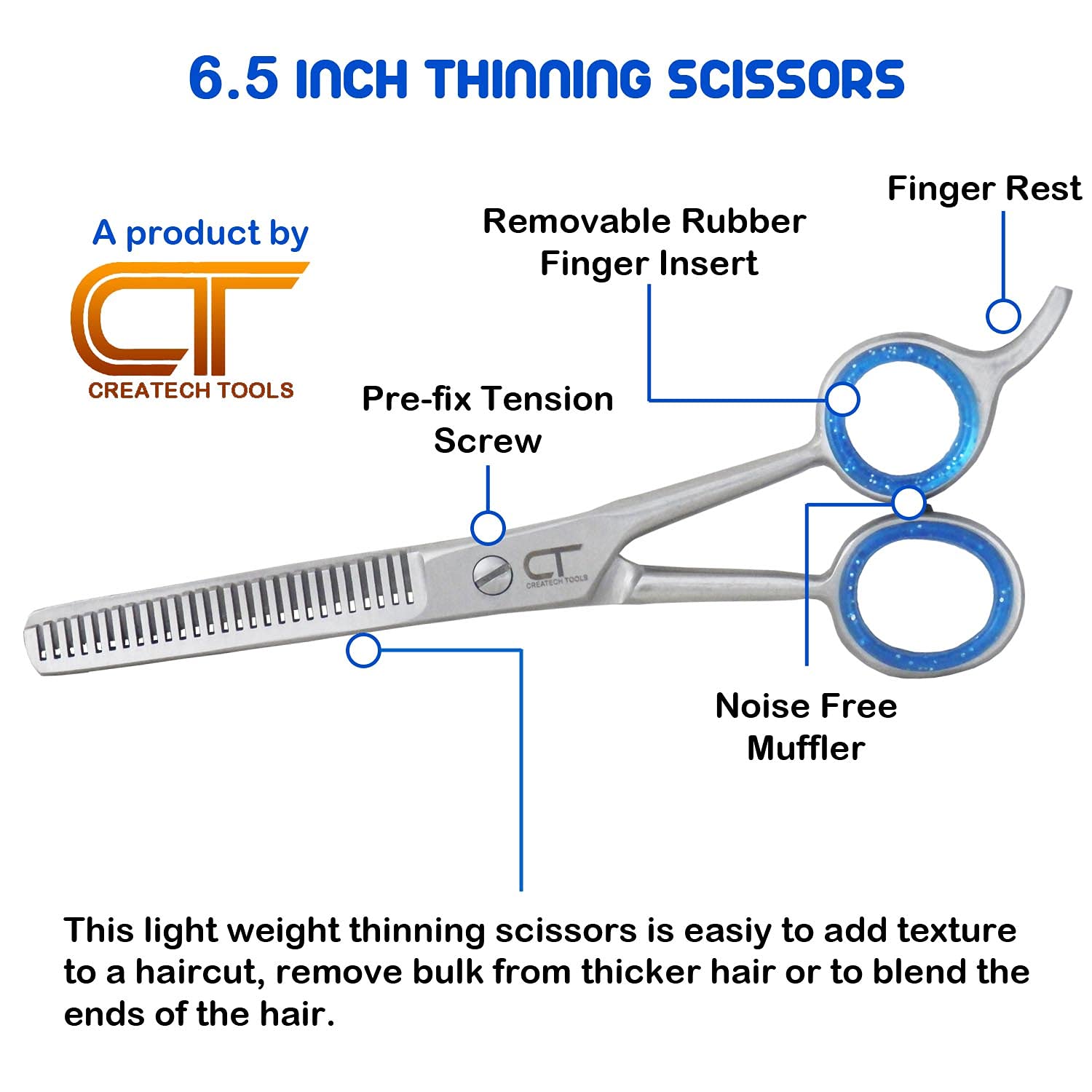 Pack of 2 Hair Cutting Scissors Set - 6.5” Straight and Thinning Scissors Shears with PVC Pouch, Blue - Image 3