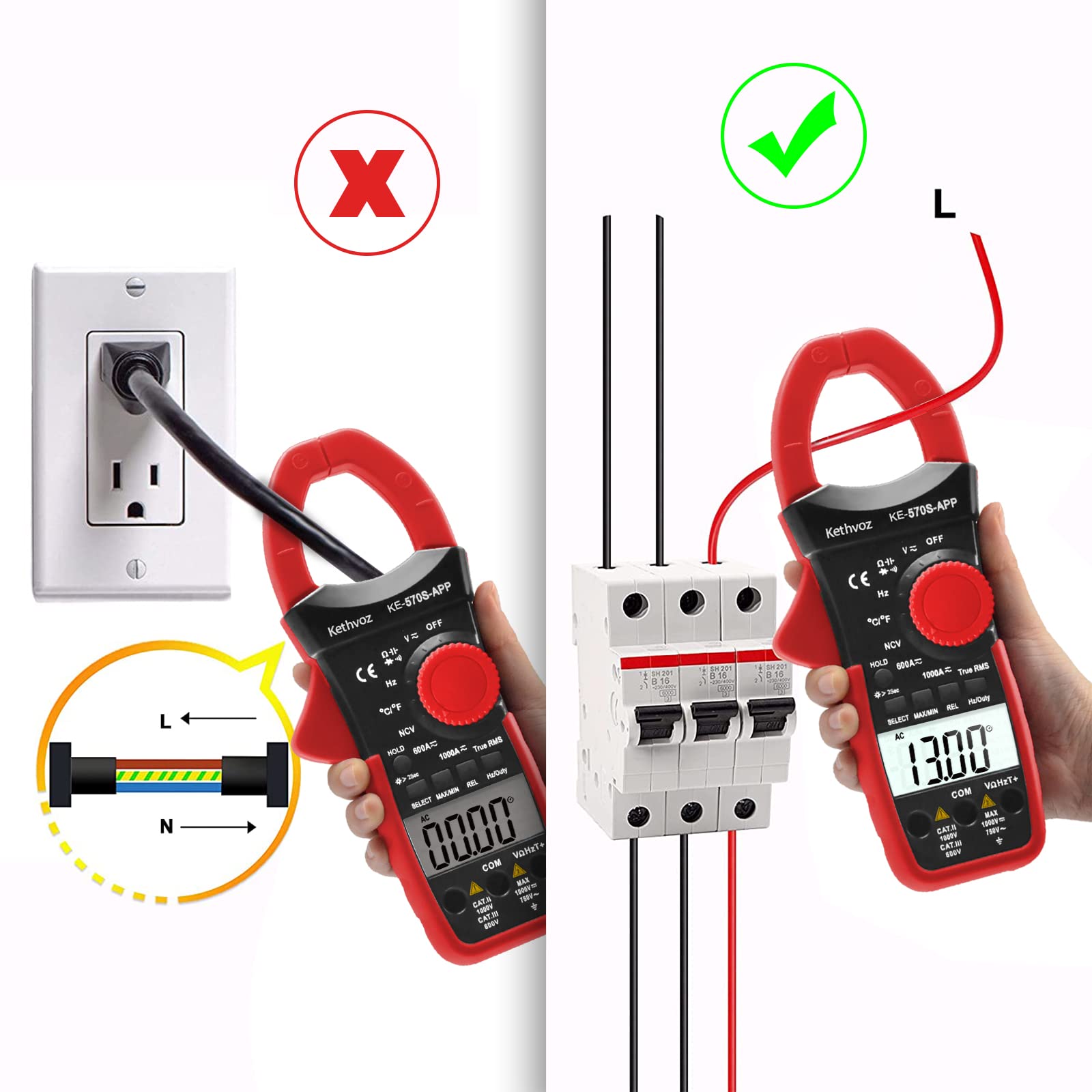 Bluetooth Clamp Meter Zangenamperemeter, Kethvoz Anto Range True-RMS Stromzange NCV Voltmeter 570S-APP Measure AC/DC Spannung Strom,Durchgang Widerstand Kapazität Temperatur