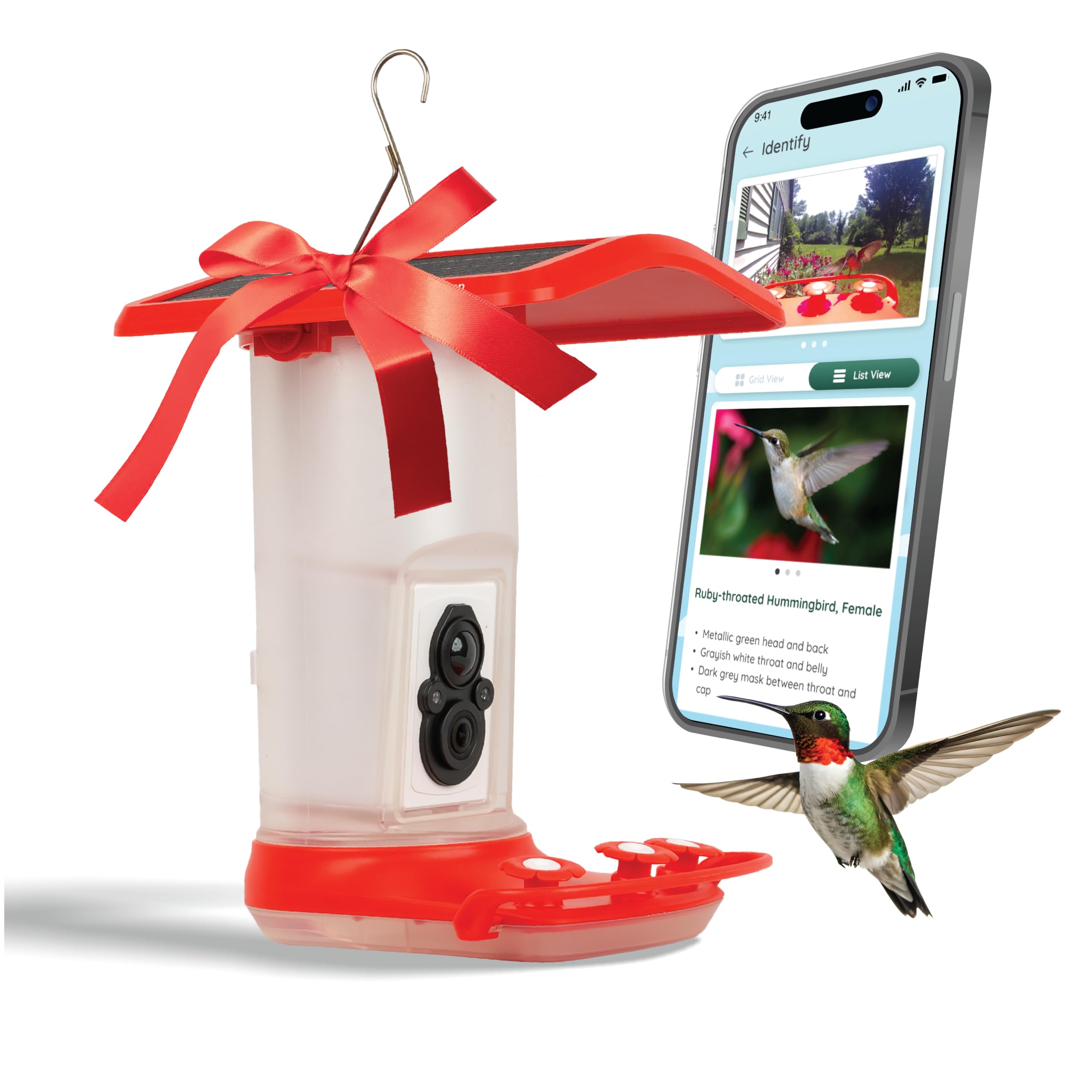 FeatherSnap Smart Hummingbird Feeder: AI Bird ID, Wi-Fi and Solar Power, Stunning HD Images and Videos Are Sent Directly to Your Phone, Easy to Clean