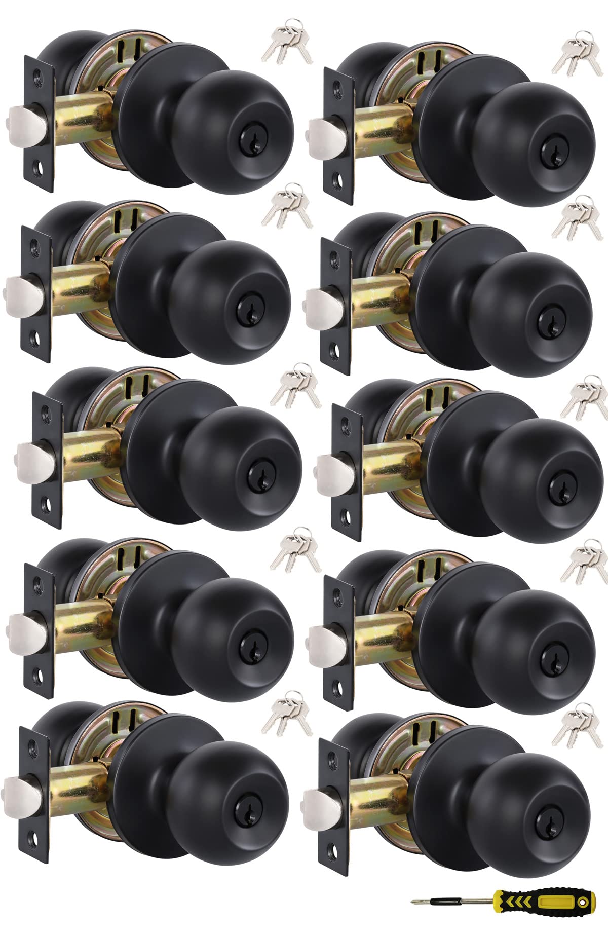 Lanwandeng (10 Pack) Black Door Knobs with Lock and All Keys Alike, Interior/Exterior Door Knob for Bedroom or Bathroom, Entry Door Locks