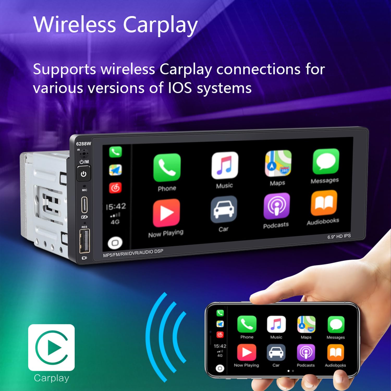 Radio samochodowe 1 Din z bezprzewodowym CarPlay Android Auto 6,9" ekran dotykowy Bluetooth Radio samochodowe z 12 diodami LED Widok z ty?u Obs?uga kamery FM AM RDS Radio Mirror Link USB typu C