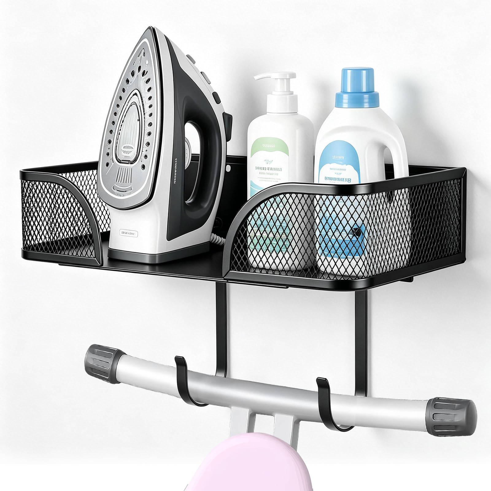 Over The Door & Wall Mount Ironing Board Hanger with Large Storage Basket and Removable Hooks, Laundry Room Iron Storage Organizer, Black