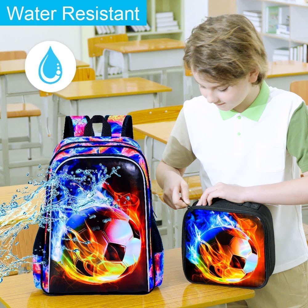 KLFVB 3PCS Kids Backpack, 17" Boys Football Bookbag and Lunch Box, Water Resistant Teenagers School Backpacks for Middle Elementary - Flame Soccer - Image 6