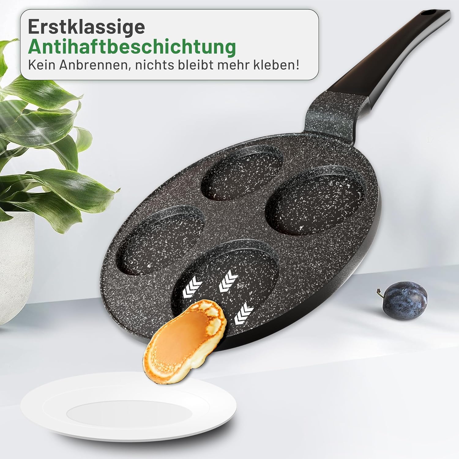 Amalindo Pancake Pfanne Ø 26 cm mit 4 Mulden – Spiegeleipfanne aus Aluguss mit Marmor-Antihaftbeschichtung, PFOA-frei, für Induktion, Ceran, Gas & Elektro – für Pfannkuchen, Eier, Poffertjes