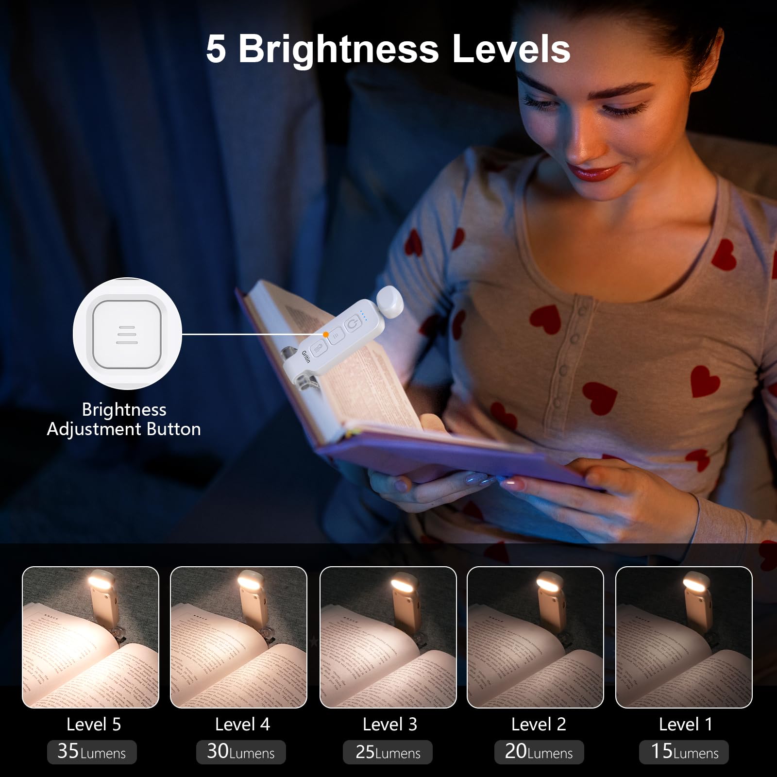 Gritin Światło do Lampka, 7 LED Przenośna Ładowana Lampka do Czytania z Klipsem, 3 Temperatury Barwowe, 5 Regulowanych Poziomów Jasności dla Nauki, Pracy z Dzianiem