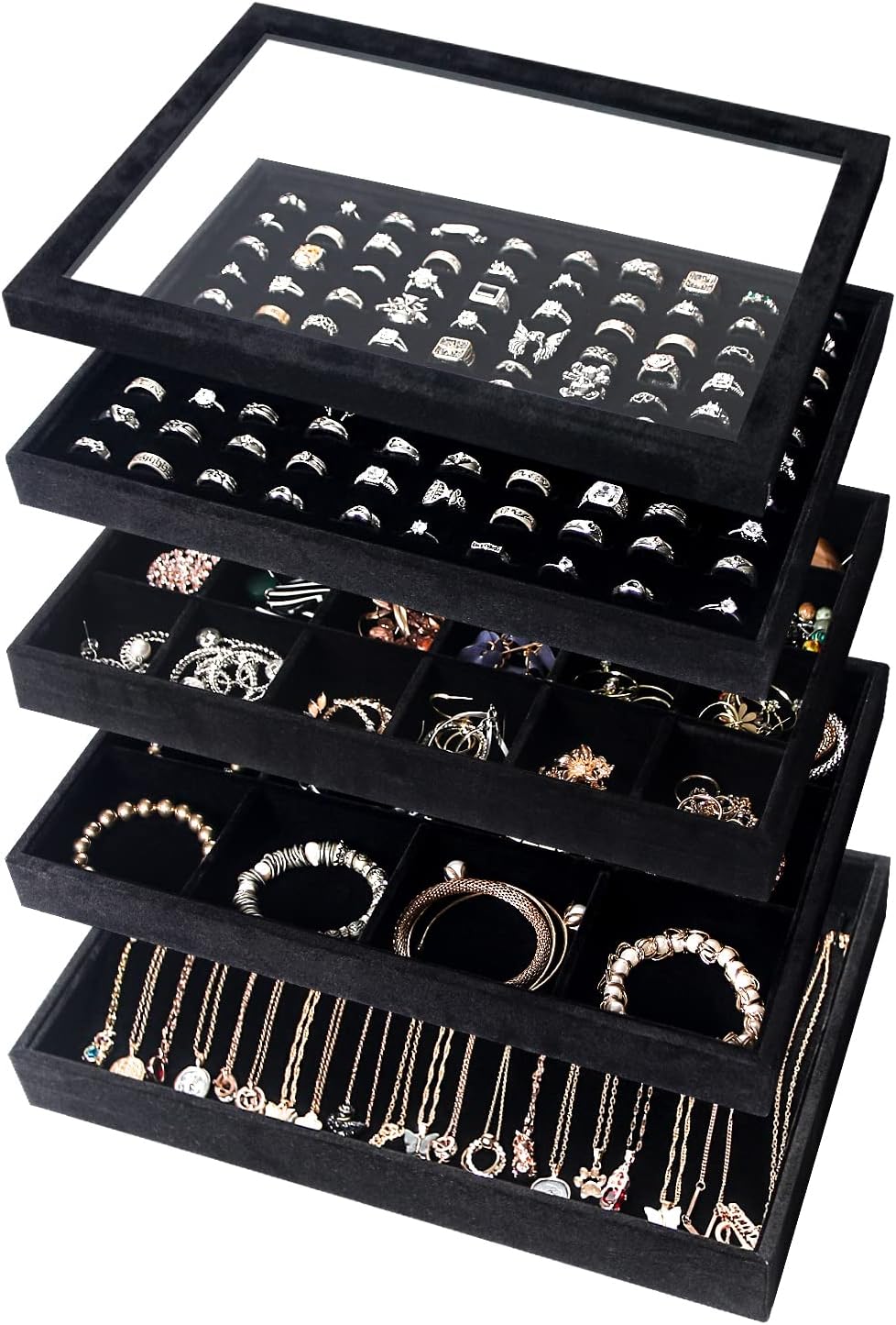 5 Pcs/set Stackable Jewelry Organizer Trays,Rings Necklaces Earrings Bracelets Display Storage Trays Holder with Glass Lid (Black Velvet)