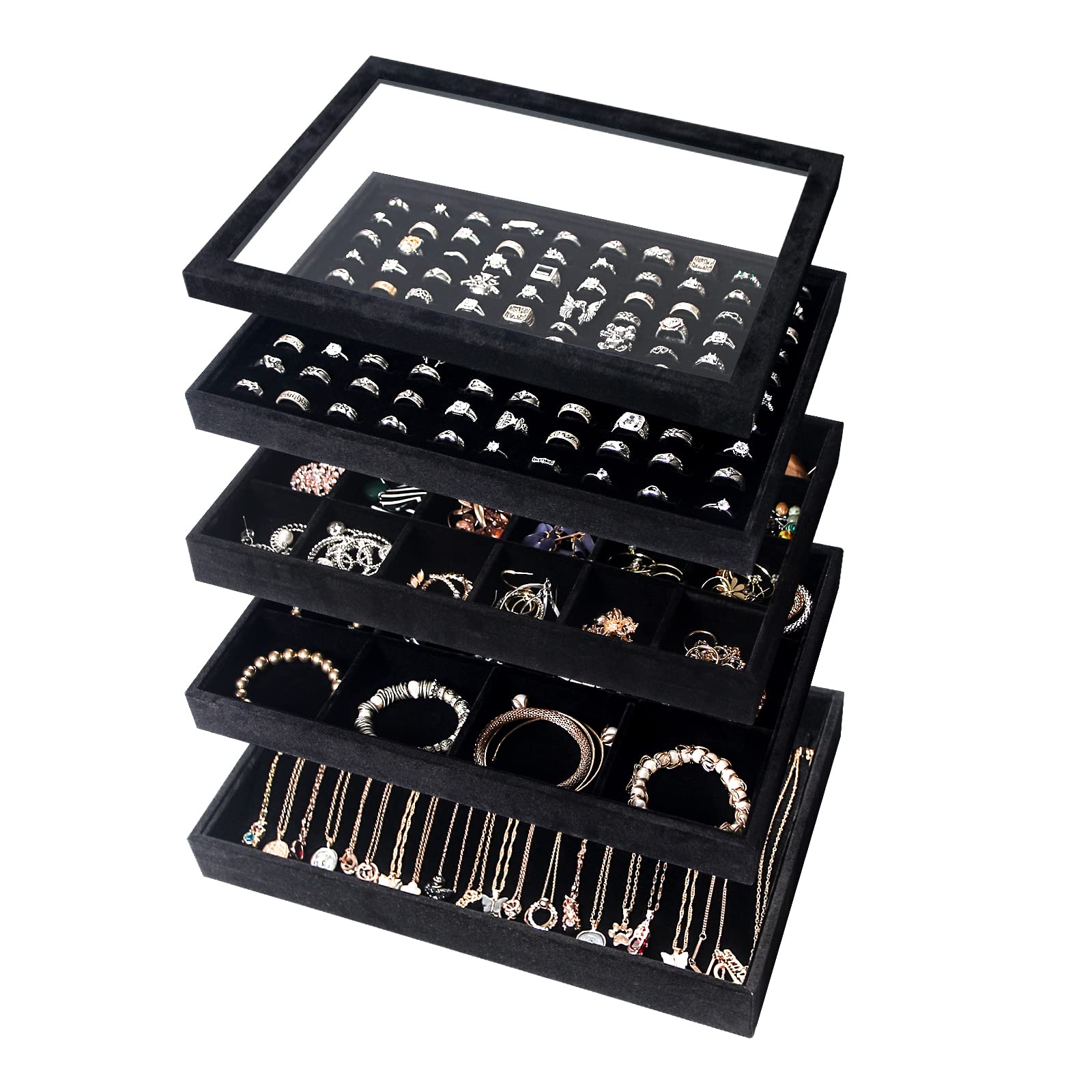 Set di 5 vassoi impilabili per gioielli, anelli, collane, orecchini, bracciali, espositori, vassoi con coperchio in vetro (velluto nero)
