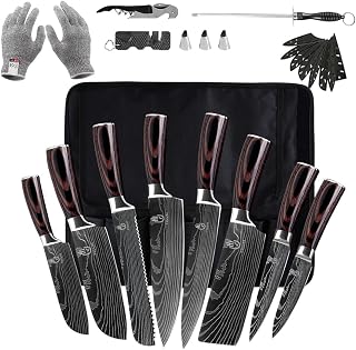 FULLHI 14-Piece Japanese Knife Set: Premium German Stainless Steel Chef Knives, Portable Roll Bag, Sharpener & Gloves