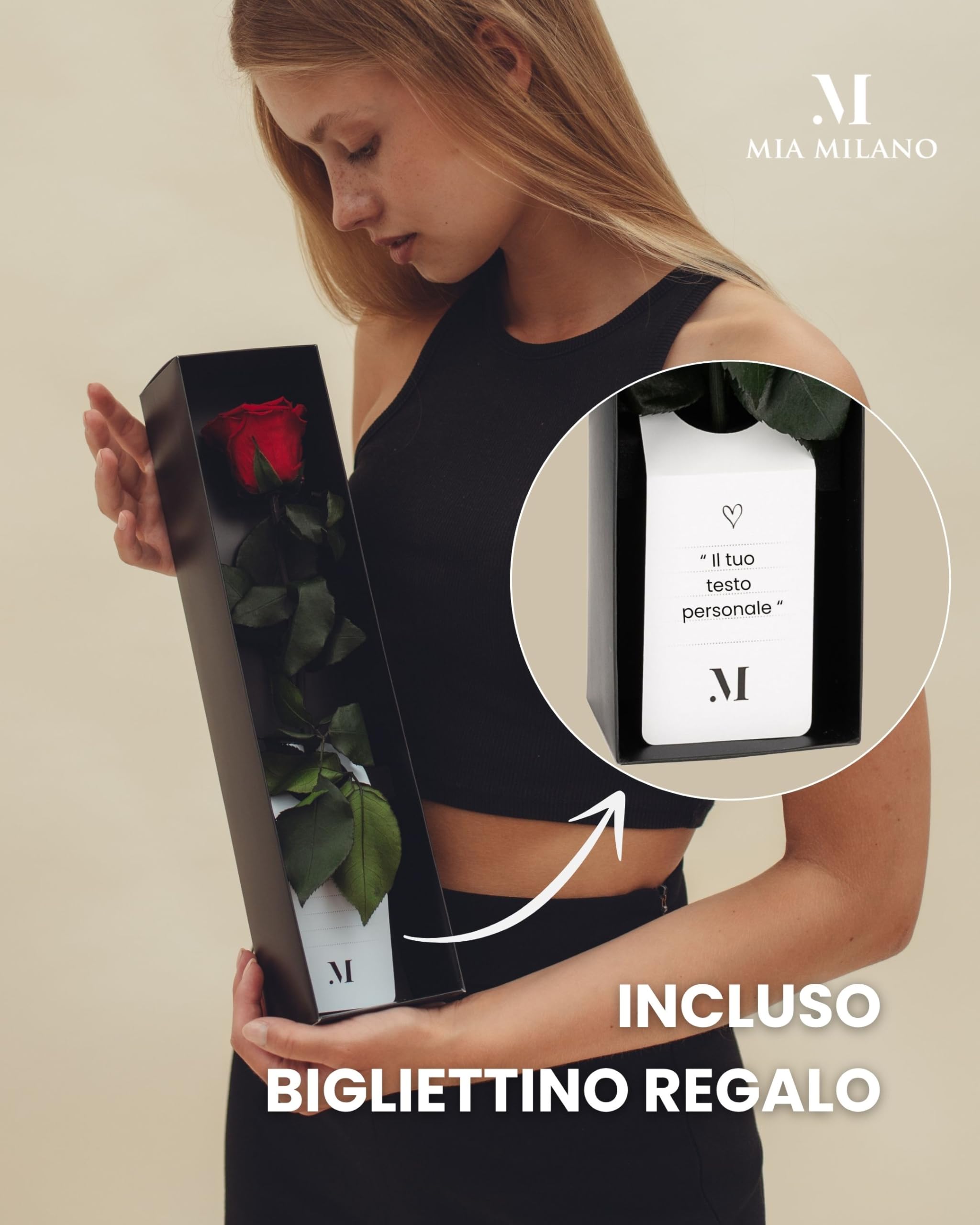 Mia Milano Rosa rossa con gambo lungo (durata 5 anni) in scatola regalo | Regalo decorativo per lei | Fiore conservato con profumo di rosa | Inclusa cartolina regalo