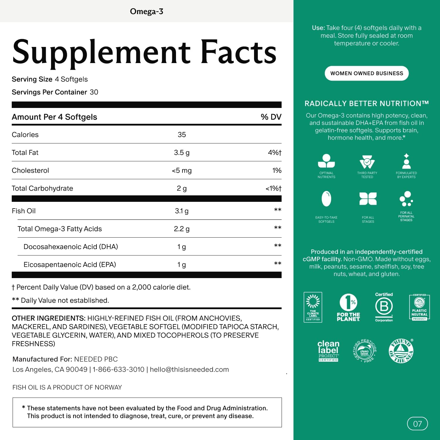 Needed. Prenatal Omega-3 - High Potency Dose of Sustainably Sourced Fish Oil, 1000mg DHA, 1000mg EPA, Encased in a Gelatin-Free, Plant-Based Softgel Shell - Image 2
