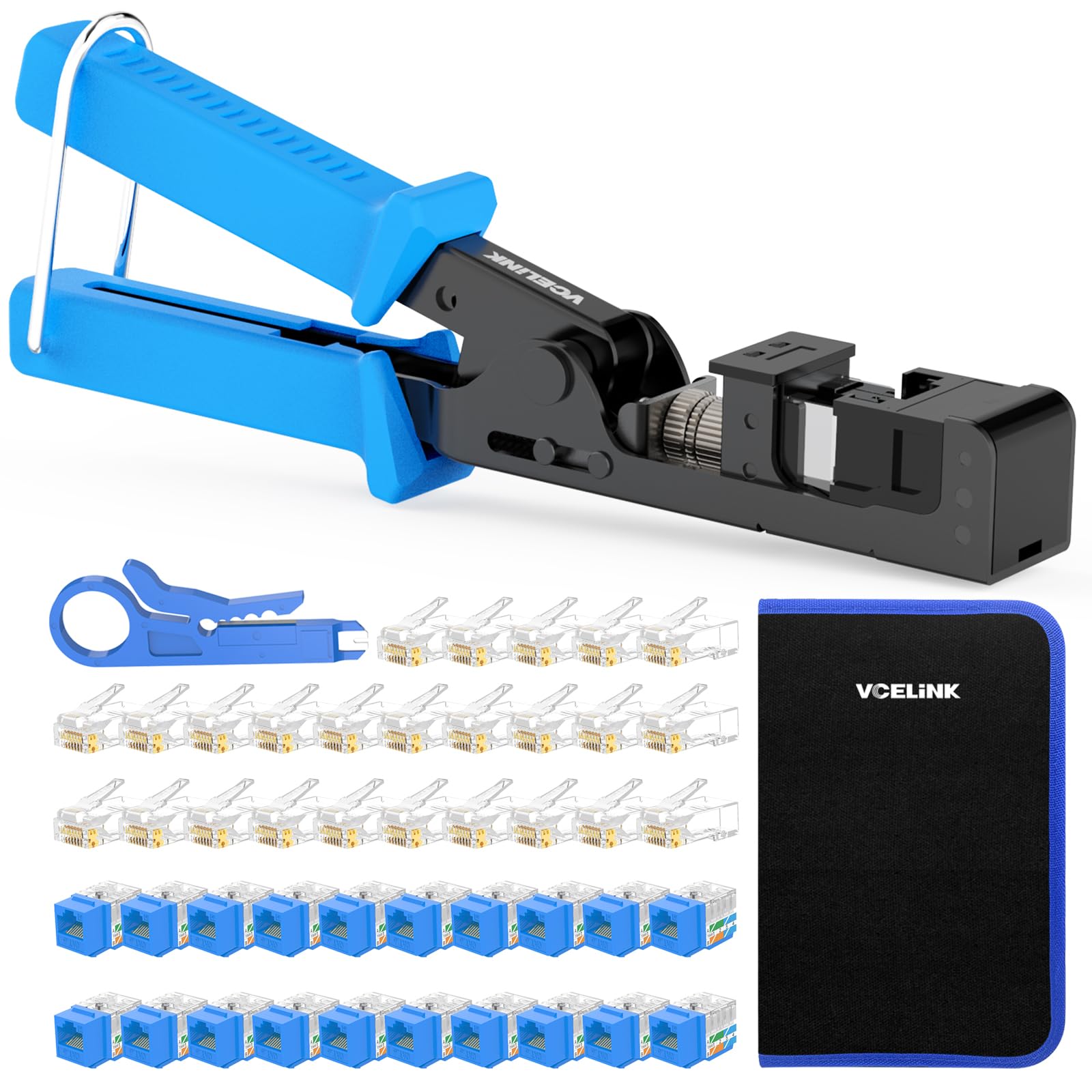 VCELINKSpeed Termination Tool for VCE 90-Degree Keystone Jacks Punch Down Network Tool Kit with 20-Pack CAT6 Keystone Jacks UL-Listed Blue, 25-Pack RJ45 Connectors, 1-Pack Mini Wire Stripper