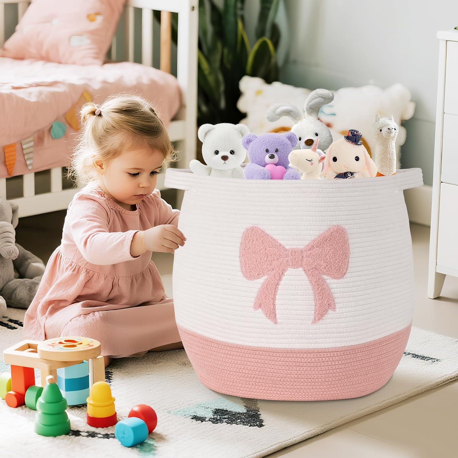 Large Baby Laundry Basket, Pink Laundry Hamper for Baby Girl, Toy and Blanket Storage Basket, Cotton Rope Baskets for Organizing 17"x15.7" - Image 2