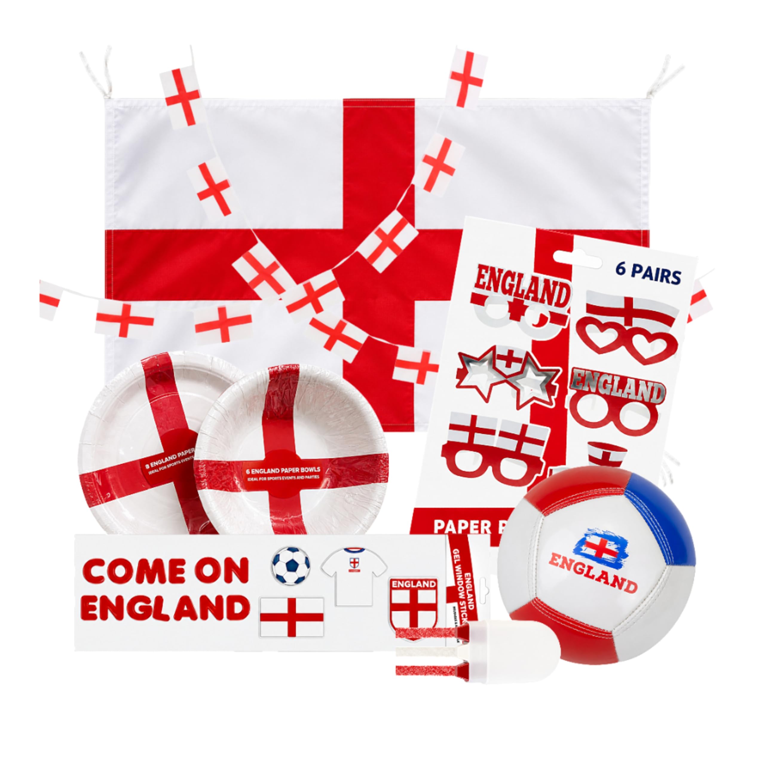 England World Cup 2026 Decorations - England Football Party 10 piece Set - Paper Bowls, Plates, Party Glasses, Gel Window Stickers, Flag, Bunting, Ball & Face Paint. St Georges Day Decorations.