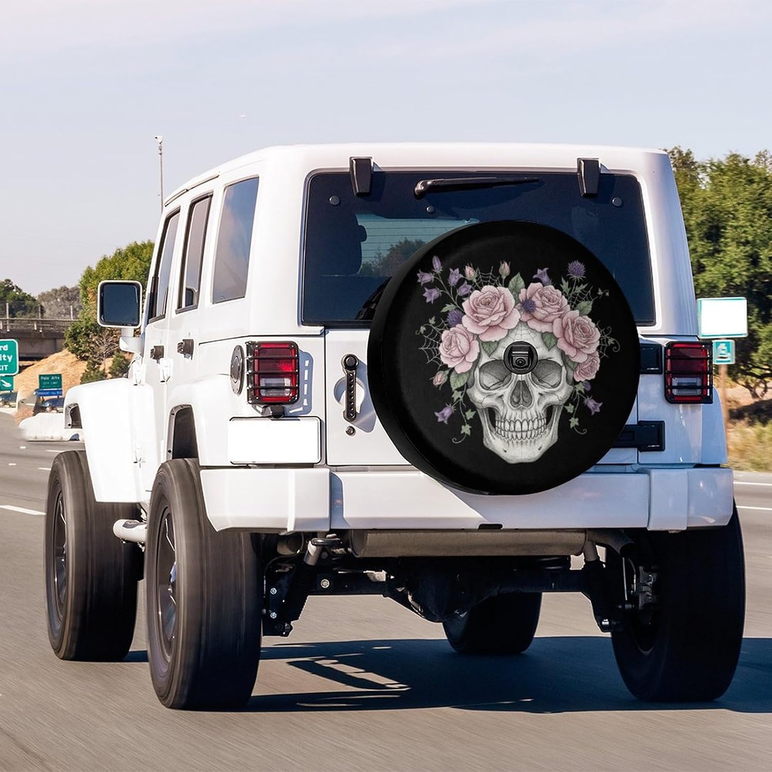 Gothic Aesthetic Art Skull Floral Spare Tire Cover with Backup Camera Hole Waterproof Dust-Proof UV Sun Wheel Covers for RV Trailer RV SUV Truck and Many Vehicle 17 Inch image 2