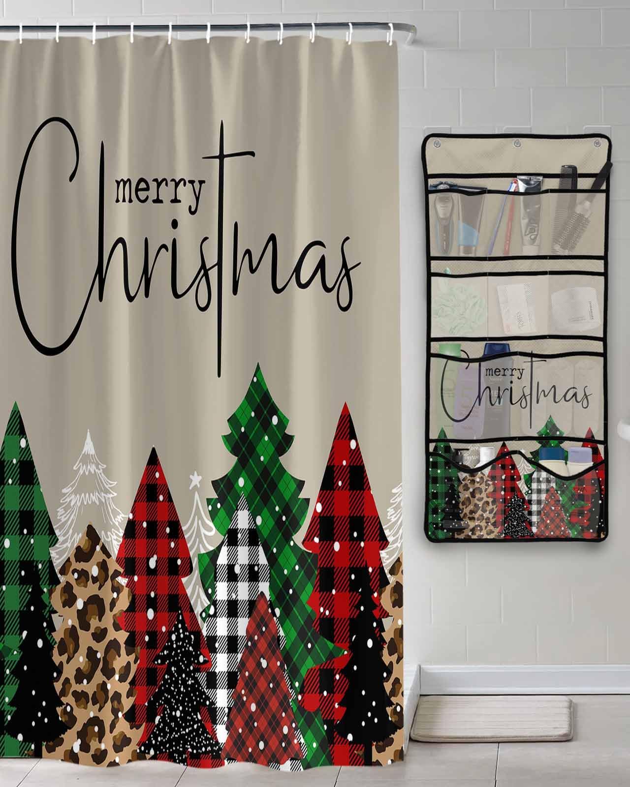 Shower Curtain Mesh Shower Organizer Hanging Set Merry Christmas Green and Red Plaid Buffalo Tree Brown Waterproof Shower