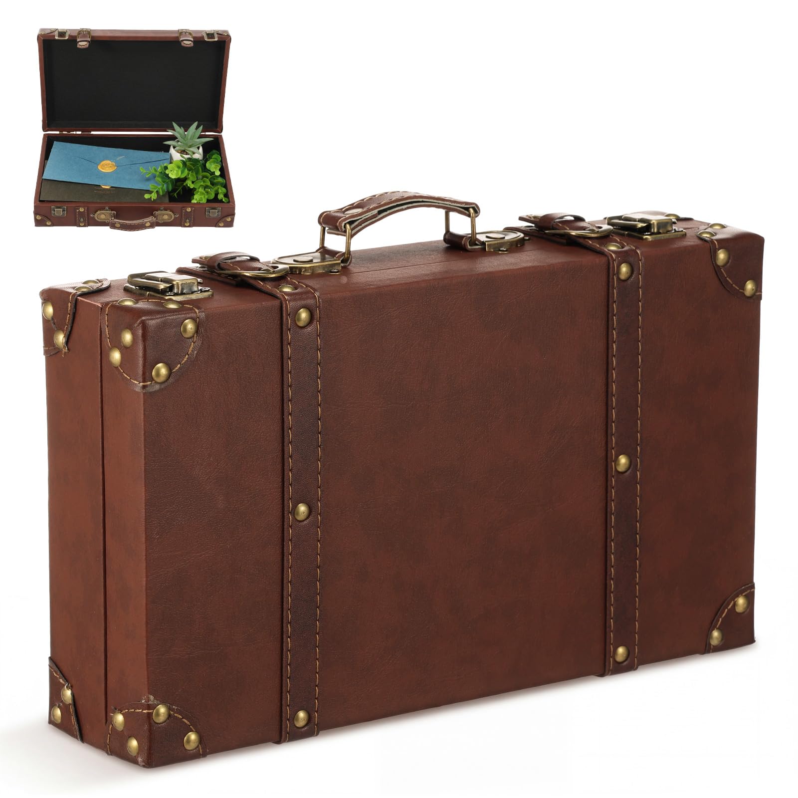 YUEKUNTJ Vintage Leather Suitcase, Wood Prop Vintage Suitcase Storage Box, 34×20×8cm Decorative Prop Luggage, Retro Travel Chest, Wooden Storage Carrying Case for Travel Storing Clothes(Small)