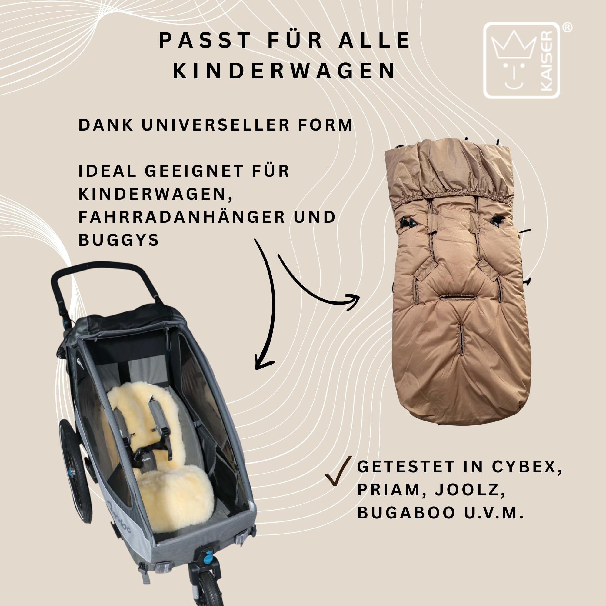 SHEEP Thermo Fußsack mit Lammfelleinlage, 100x45cm, Universal Kinderwagen, Wasserabweisend, Reflektorstreifen (sand)