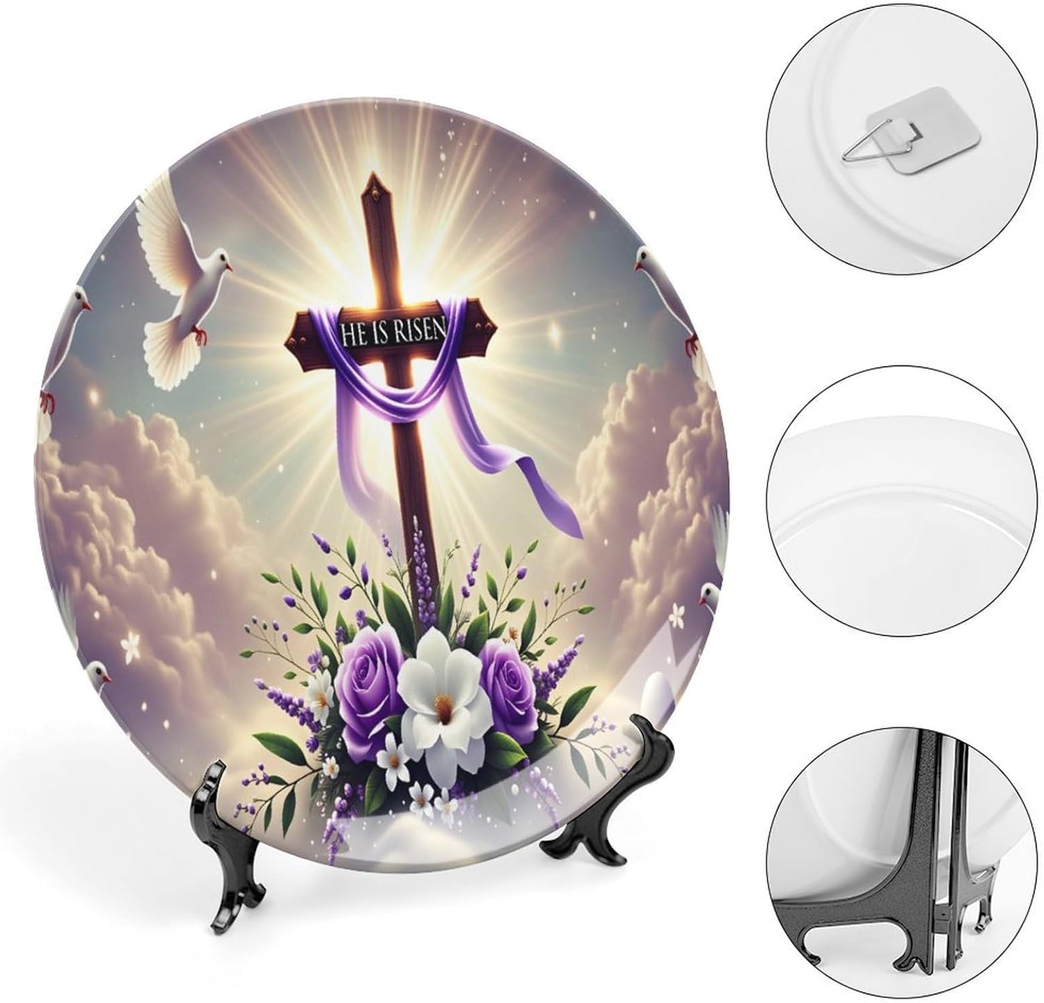 He Has Risen Religious Bone China Decorative Plates 10inch with Display Stand, Boho Luxury Ceramic Hanging Plate for Home Decor, Personalized Ornament Dessert Plate Wall Decor Wedding Gift
