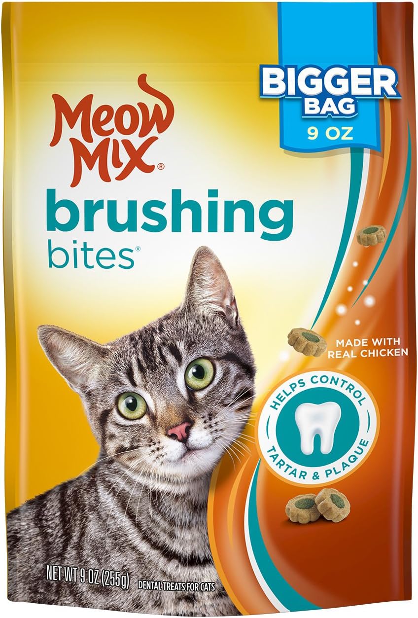 Meow Mix Brushing Bites Cat Dental Treats, Real Chicken, 9 Ounce Pouch (Pack of 5)