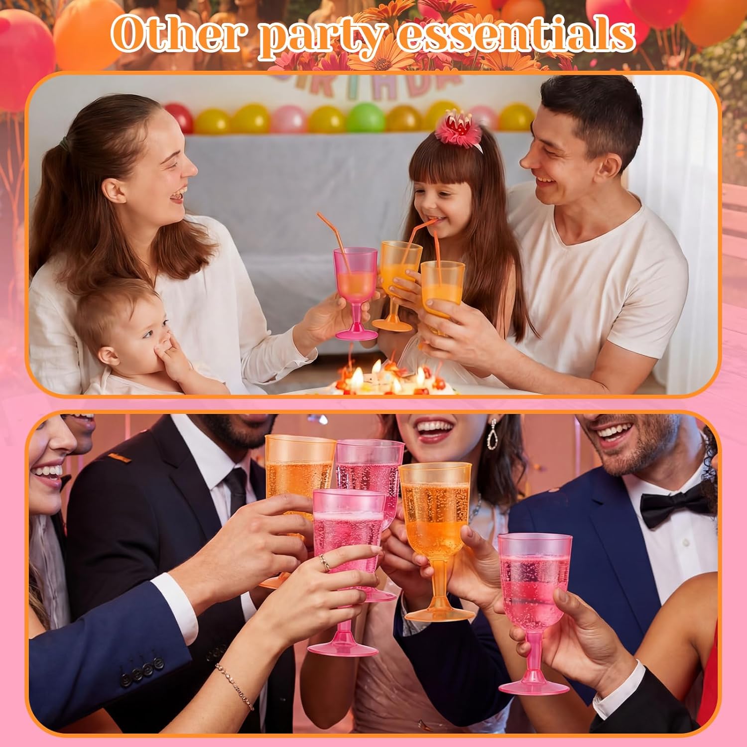 Remerry 24 Pcs Orange Pink Party Plastic Wine Glasses 5 oz Goblets with Stem Hot Pink Orange Unbreakable Drinking Glasses Drinkware Cup for Valentines Day Wedding Birthday Baby Shower Party Supplies