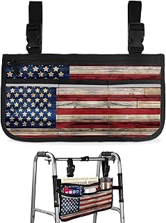 4th of July Wheelchair Side Bag Walker Bag, Vintage American Flag Red Striped Wheelchair Accessories Armrest Pouch, Organizer Storage Bag for Walkers, Rollators, Scooters, 7.3'x13'