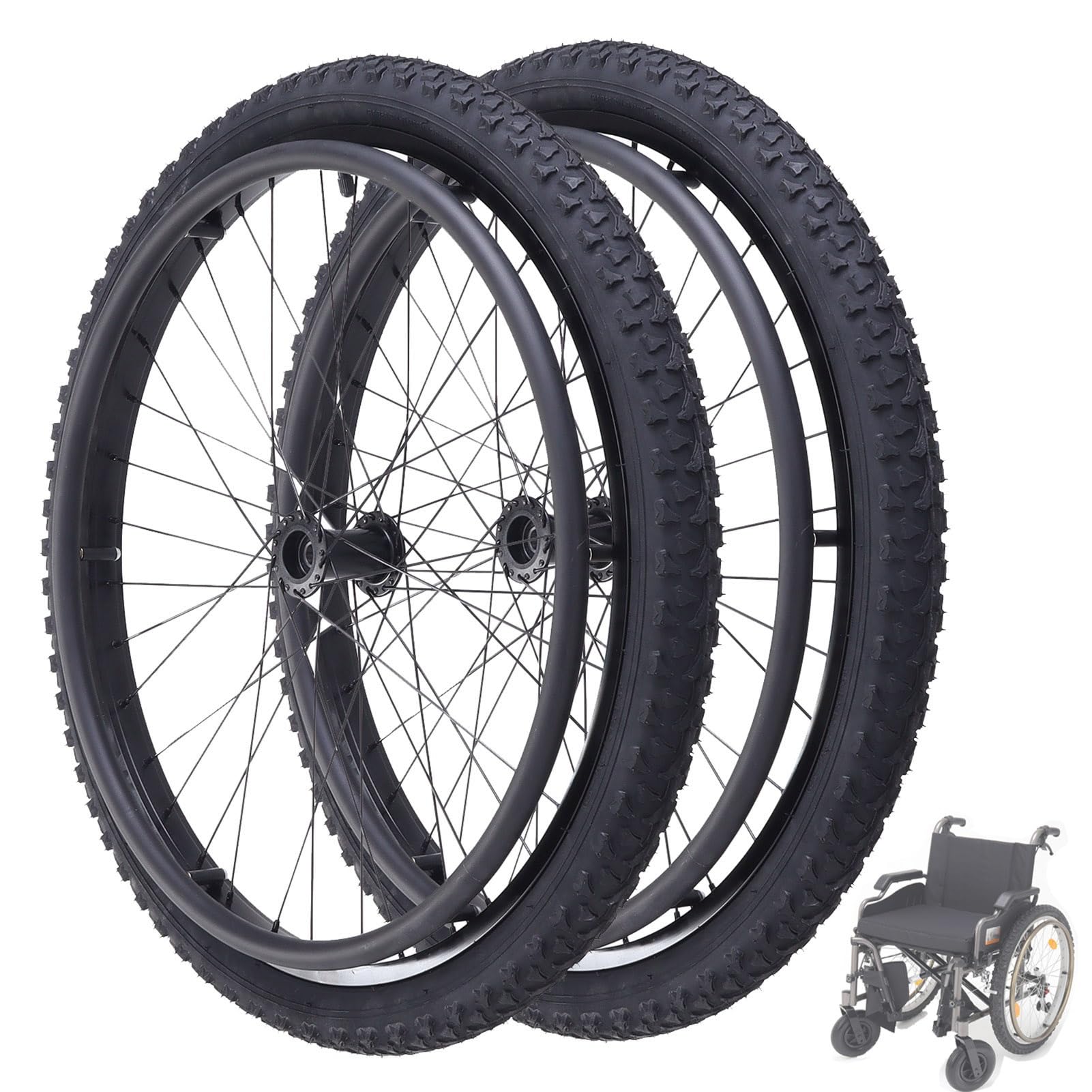 Para 24-calowych kół zapasowych do wózka inwalidzkiego, 24 x 1,95 z oponami pneumatycznymi, tylne koło do wózka inwalidzkiego ręcznego/sportowego, piasta i łożysko aluminiowe, czarne(Bearing 12mm)