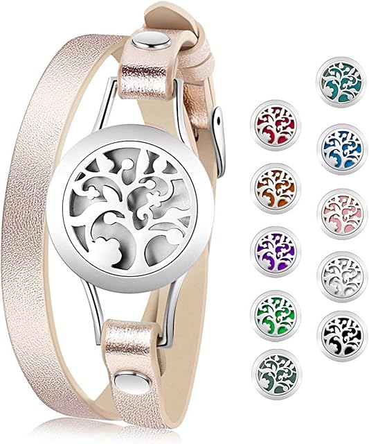 Cupimatch Essential Oil Diffuser Bracelet Wristband, Stainless Steel Aromatherapy Locket Bracelets Adjustable Leather Band with 10 Color Pads Jewelry Gift Set for Girls Women
