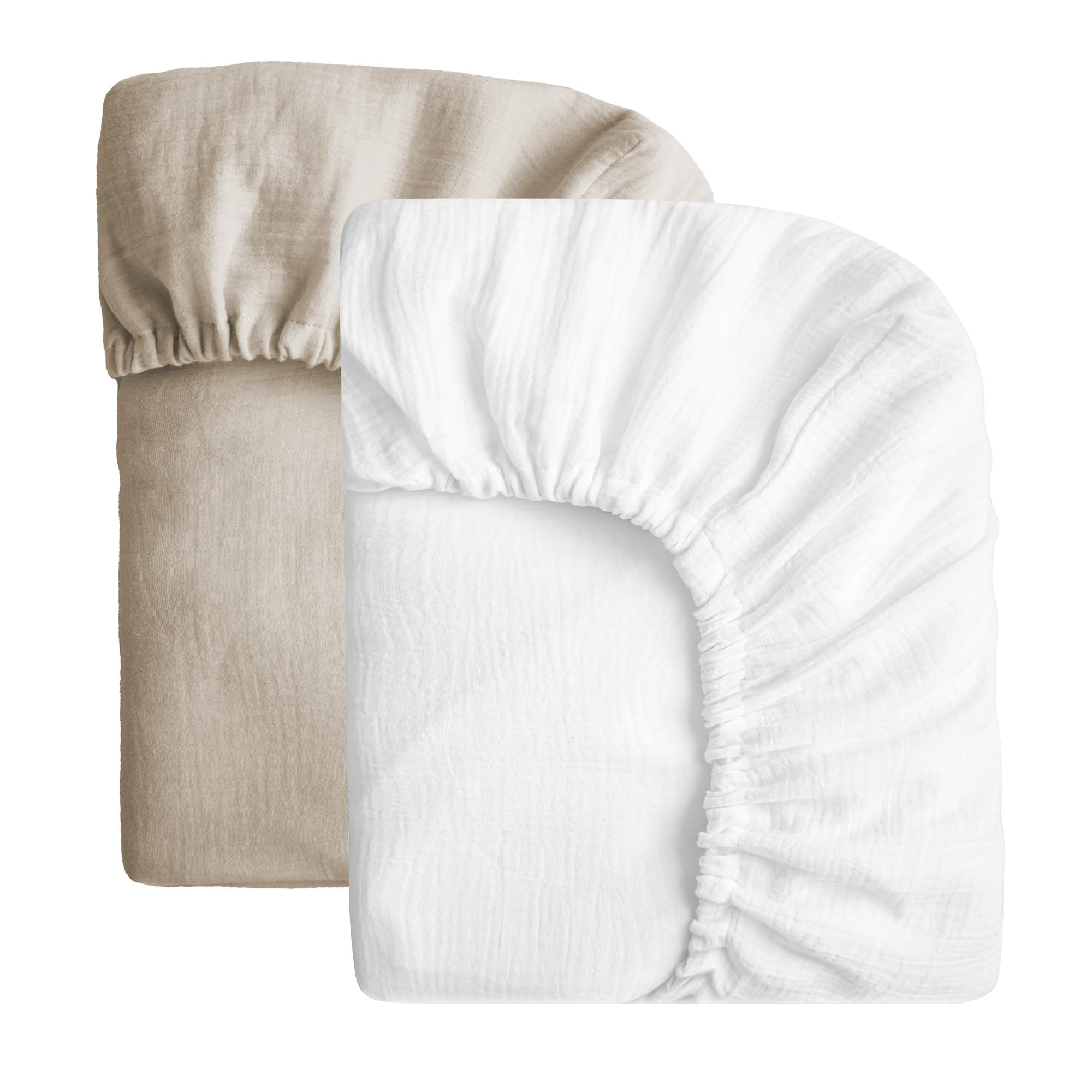 SOULFUL Muslin Crib Sheets for Boys Girls, 2 Pack Soft and Breathable Cotton Fitted Crib Sheets for Standard Crib Mattress (28"x 52", White &amp; Light Tan)