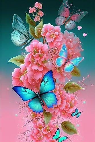 ZKOPAVS Kits de pintura de diamantes para adultos y niños, taladro completo, flores rosas y mariposas azules, pintura artística de gemas de cristal,