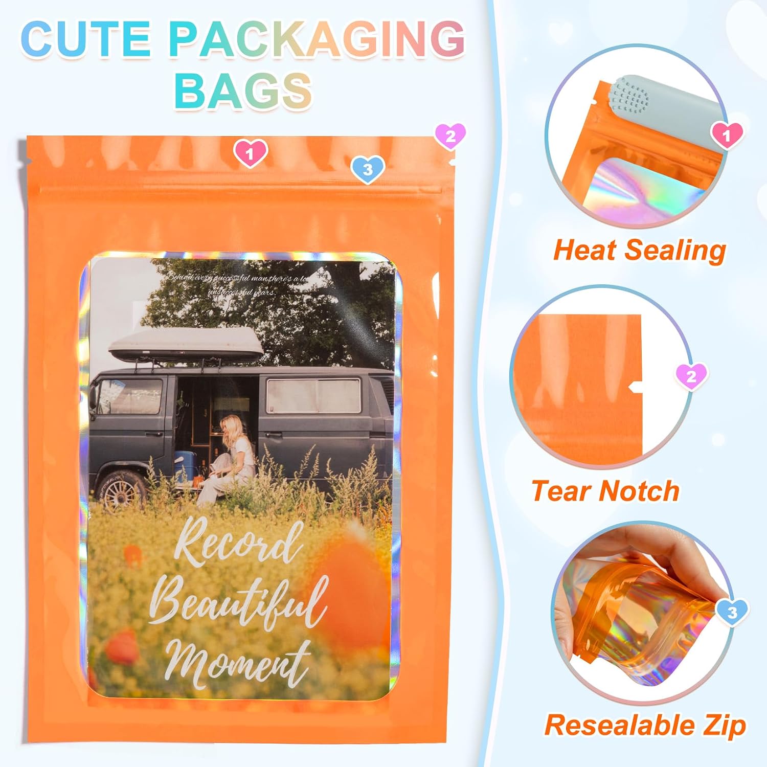 ANZNKU 100PCS Holographic Orange Mylar Bags, Resealable Smell Proof 5.5x7.9 image 3