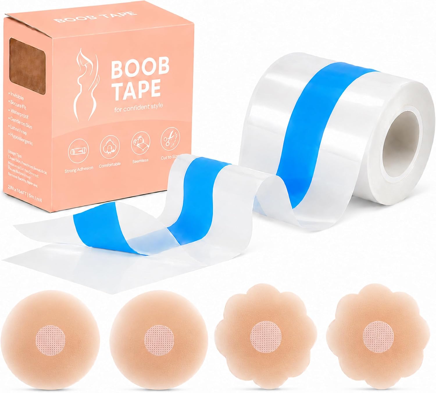 Clear Boob Tape Kit 1.97 in x 16.4 ft with 4 Nipple Covers Lift Tape | for strapless backless outfits, deep V dresses and halter tops, provides lift support, easy to cut and beginner-friendly