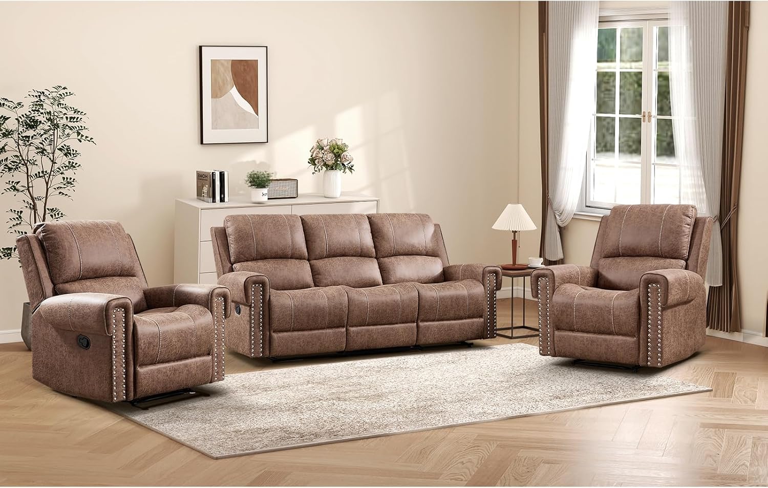 CANMOV 2 Pieces Faux Leather Manual Reclining Couch Furniture Set, Included 2 Reclining Chair and One 3 Seat Recliner Sofa Couch, Mid-Century Modern Rivet Decoration Sofa for Living Room, Brown