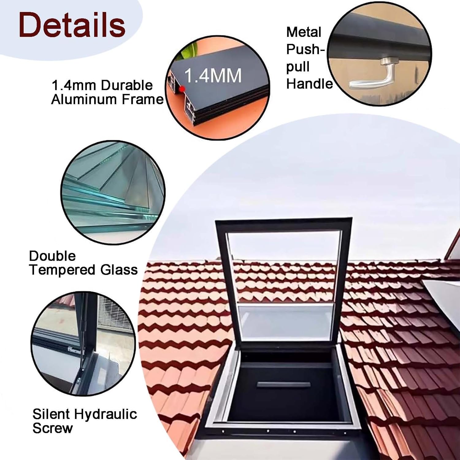 Skylight Roof Window Manual Venting Egress for Sloped & Flat Roofs, Aluminum & Tempered Glass, Silent Design, Ideal for Attics & Sunrooms (22.8x22.8in)
